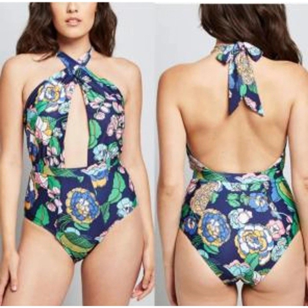 ModCloth 'The Bethany' Navy Floral Plunge Halter One Piece Low Cut Swimsuit Med